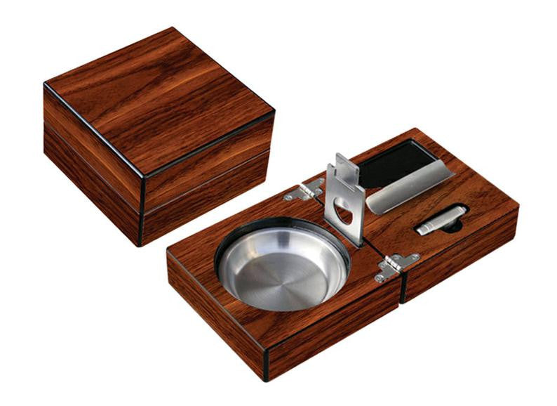 The Compact Ashtray Tray with Cigar Cutter and Punch - High Gloss Walnut