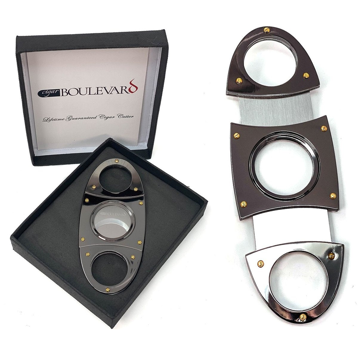 Cigar Cutter SHINY GUN METAL Oval Shape Double Stainless Steel Blades O Round Handles