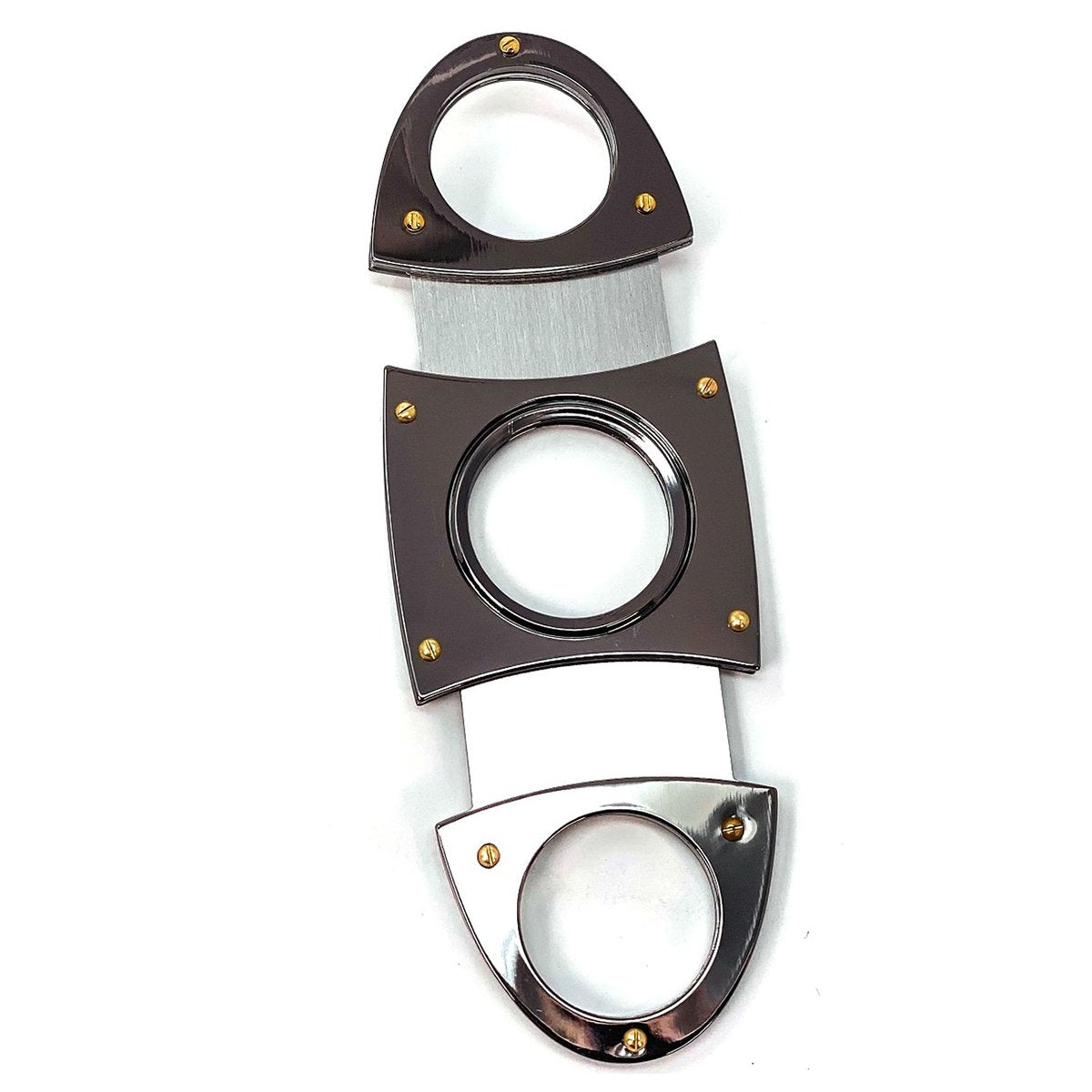 Cigar Cutter SHINY GUN METAL Oval Shape Double Stainless Steel Blades O Round Handles