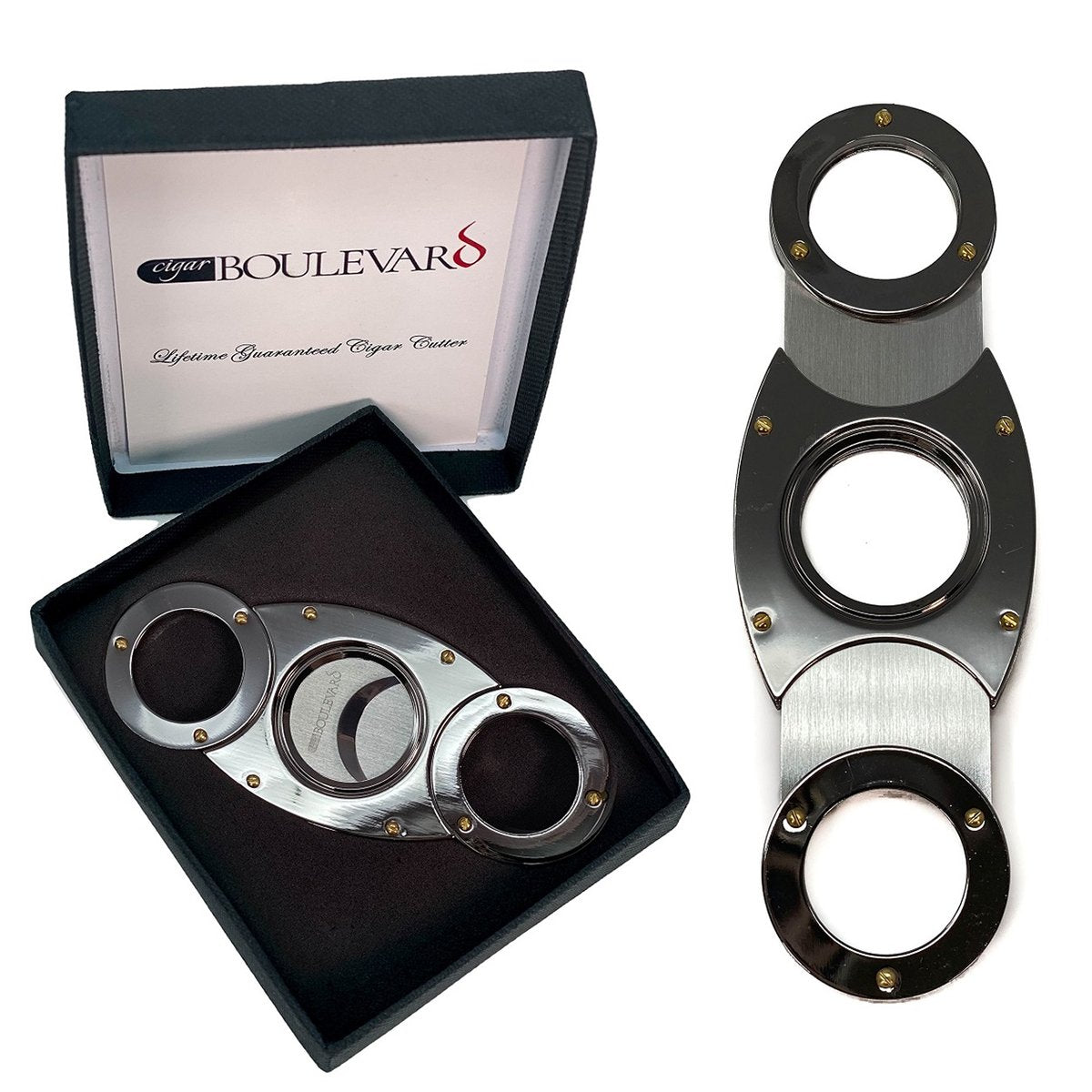 Cigar Cutter GUN METAL Double Stainless Steel Blades O Round Handles