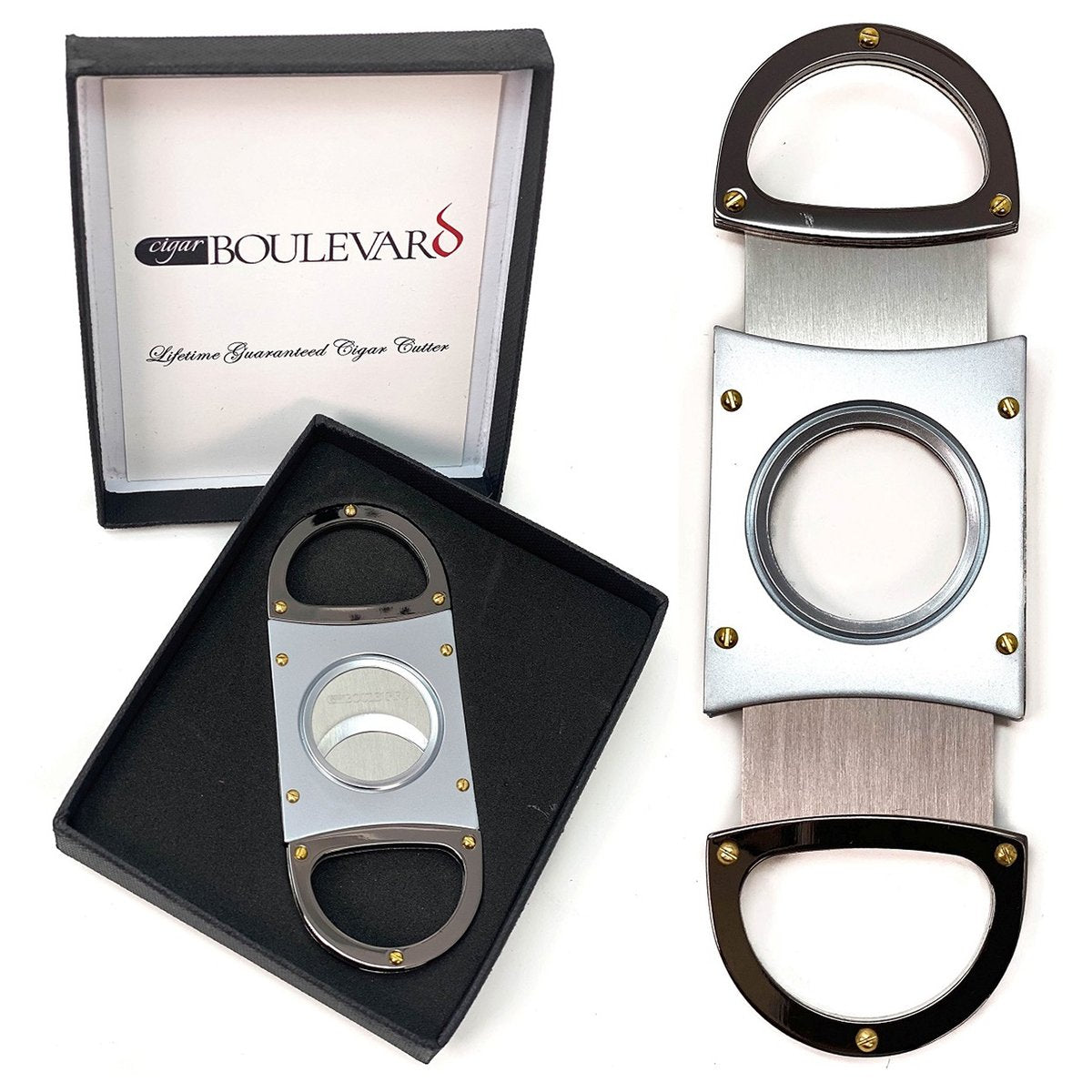 Cigar Cutter SILVER DELUXE Double Stainless Steel Blades Gun Metal Handles