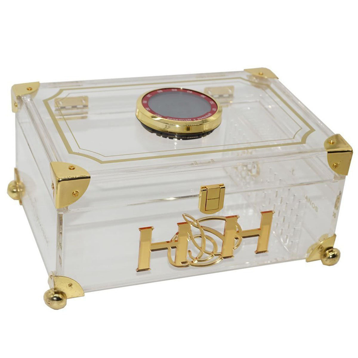 The CRYSTAL CLEAR Acrylic Humidor with Digital Hygrometer and Cedar Balls. 50 Cigars Capacity