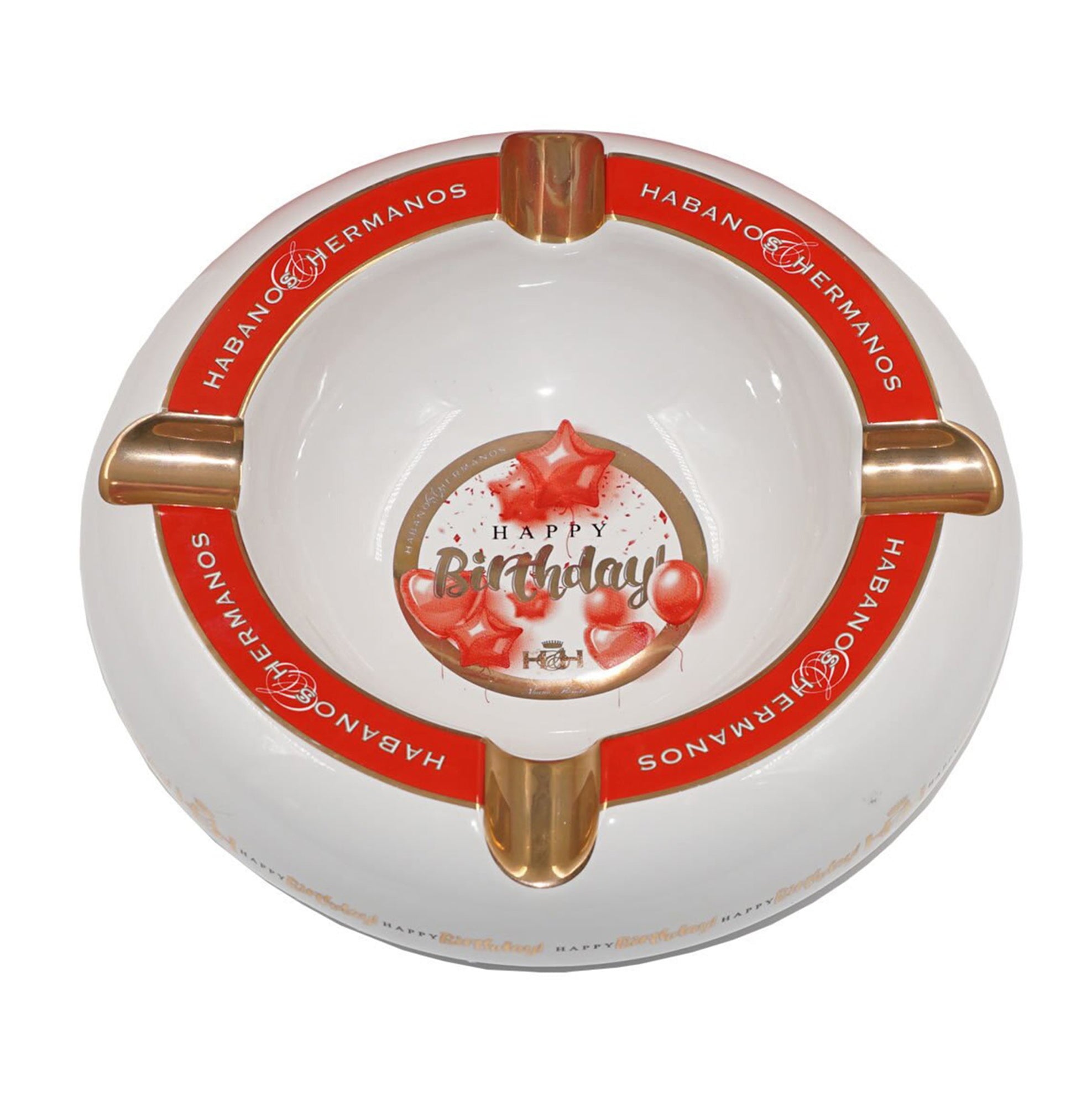 Ashtray HAPPY BIRTHDAY White Porcelain with Four Wide Golden Grooves