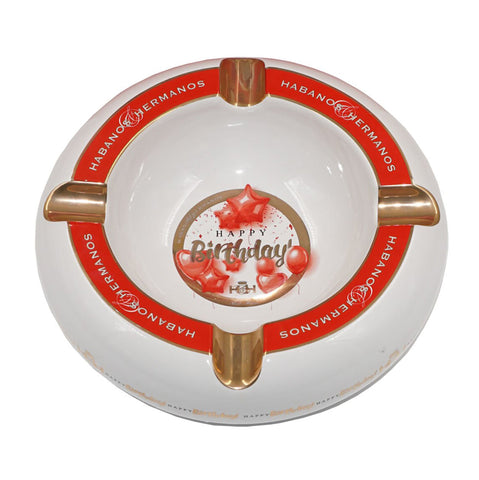 Ashtray HAPPY BIRTHDAY White Porcelain with Four Wide Golden Grooves