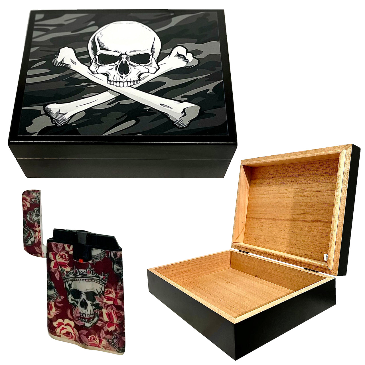 Cigar Humidor JOLLY ROGER Skull and Swords Black with Lighter