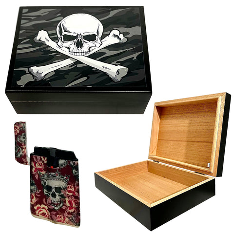 Cigar Humidor JOLLY ROGER Skull and Swords Black with Lighter