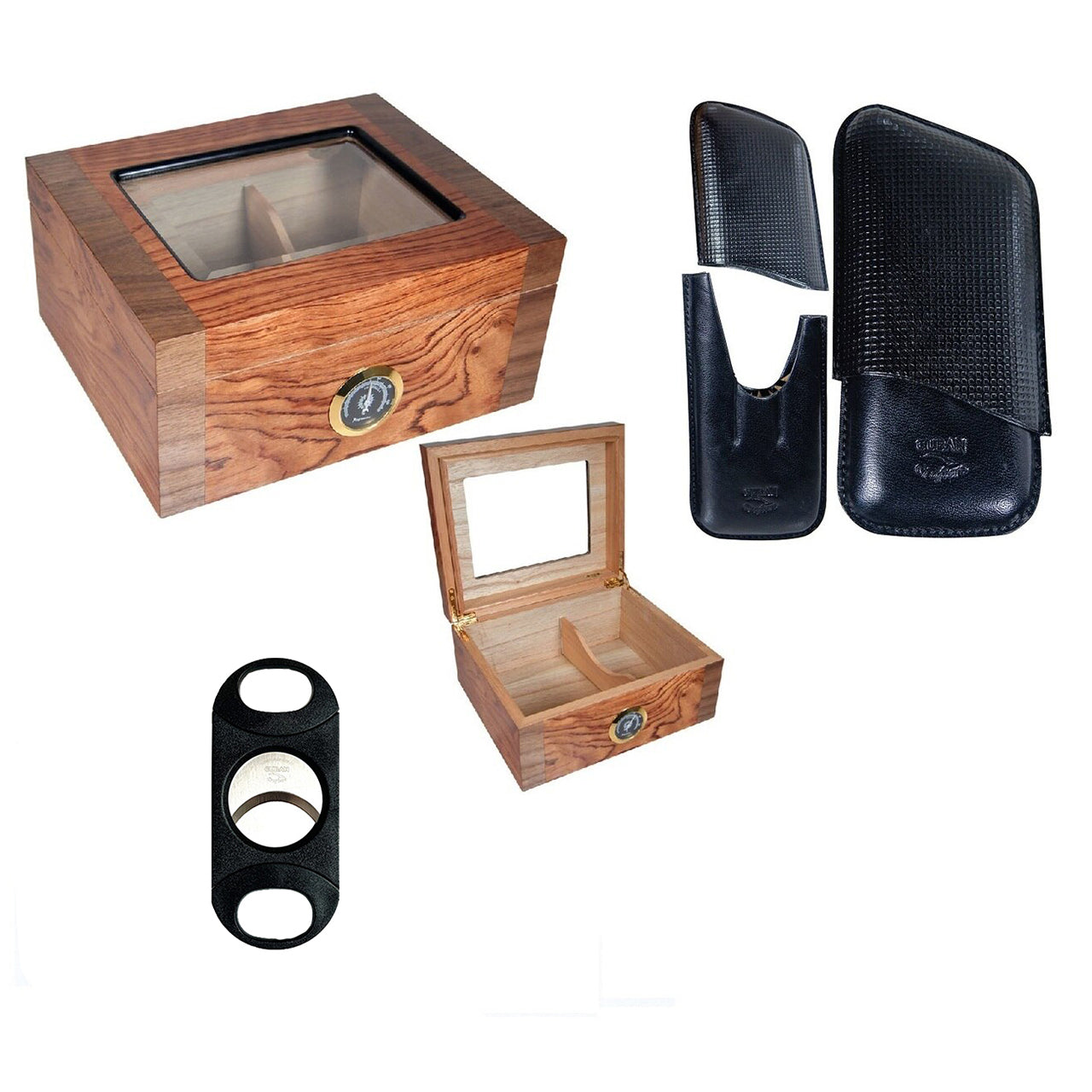 Combo Deluxe (Glass Top Humidor 40 Cigars, Leather Case and V-Cutter)