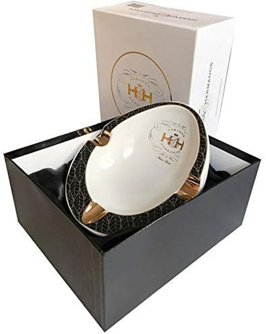 Ceramic Ashtray BLACK ONYX & WHITE OVAL Porcelain With Gold