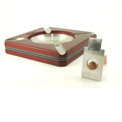 Square Wooden 4 Cigar Ashtray with Cigar Cutter