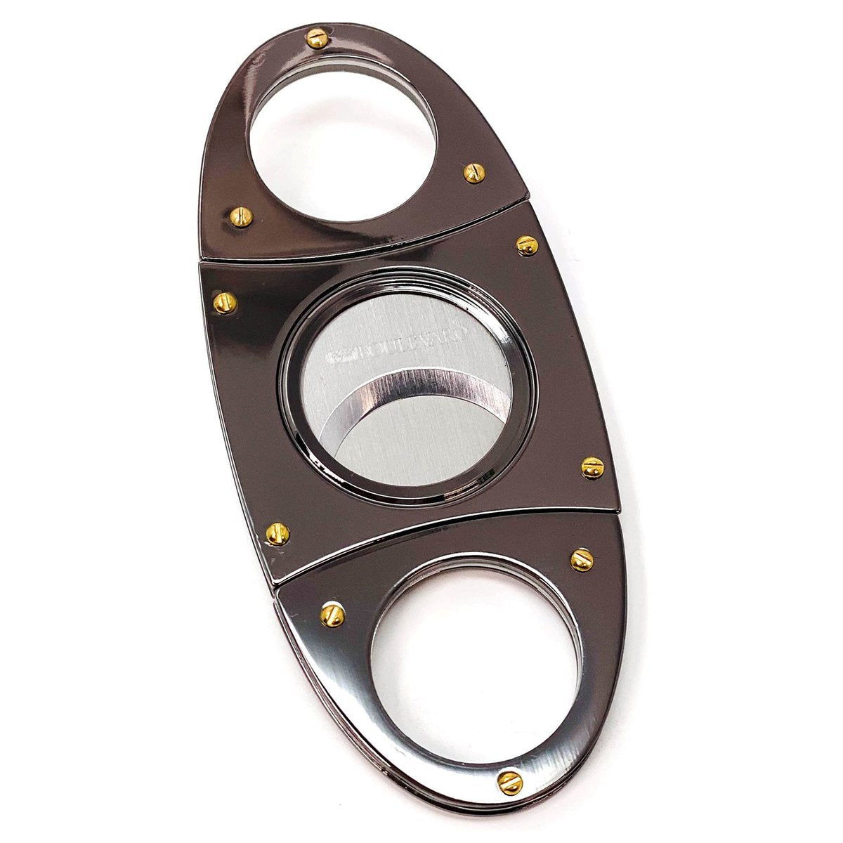 Cigar Cutter SHINY GUN METAL Oval Shape Double Stainless Steel Blades O Round Handles