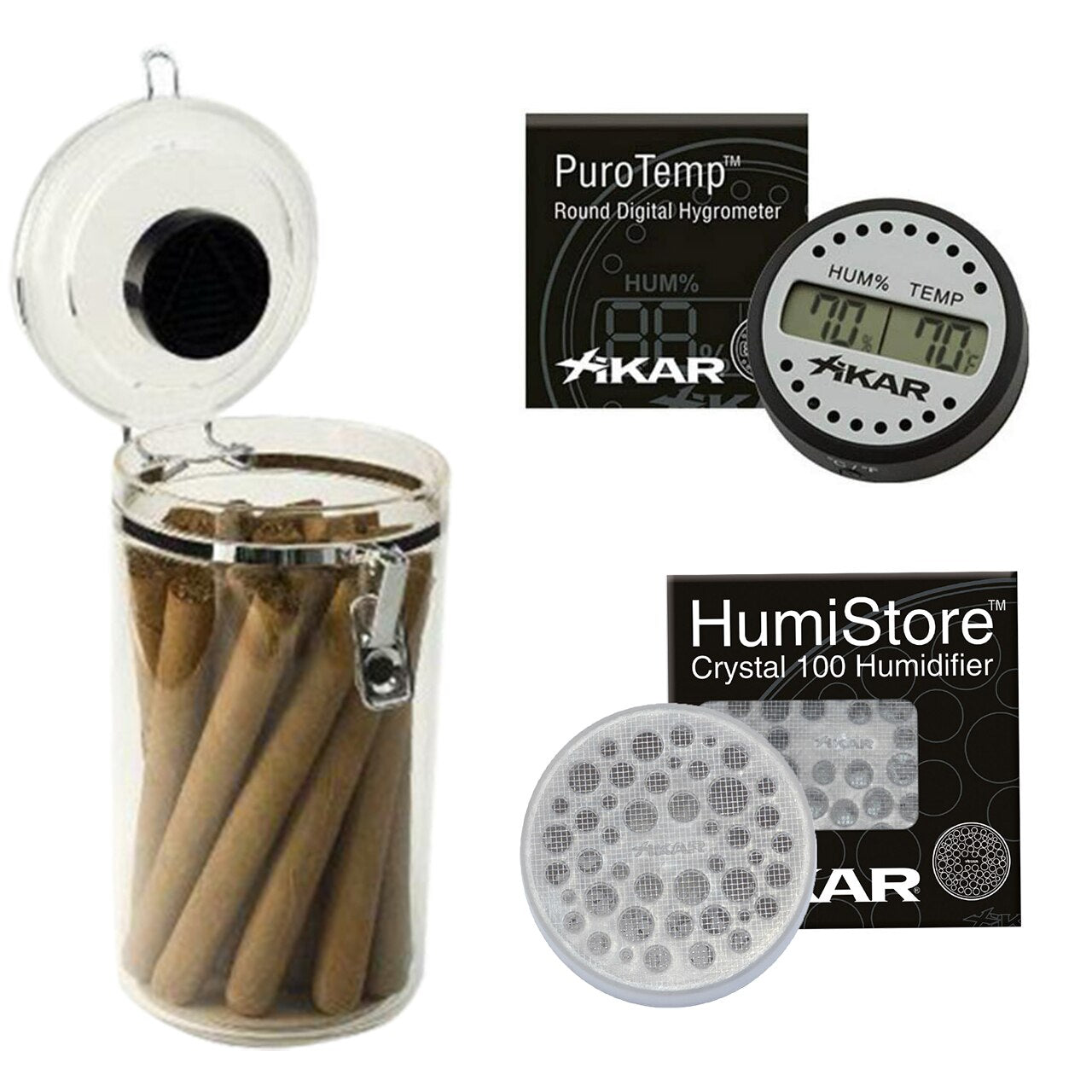 CBC Acrylic Cigar Jar Humidor Humidifier plus XIKAR Humi Store and Puro Temp XIKAR