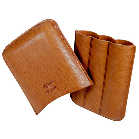 Cognac Cigar Case with 3 Fingers Handcrafted Oil Buffed Leather - Humidors Wholesaler