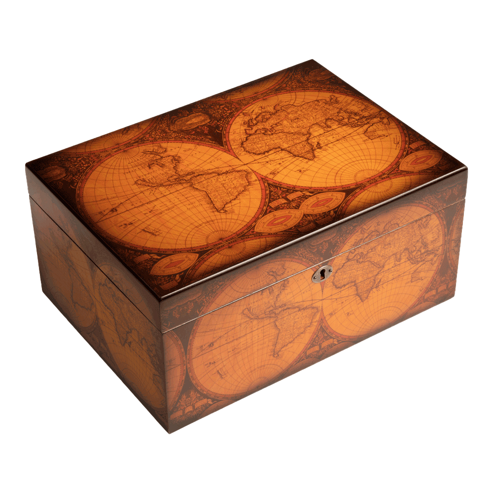 One World Cigar Humidor with Antique Map Veneer for 100 cigars